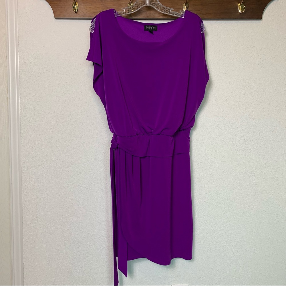 Purple Enfocus Studio split sleeve faux wrap dress